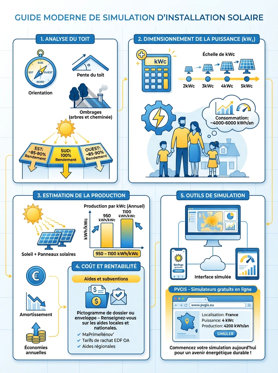 Infographie expliquant comment simuler une installation solaire et estimer la production et la rentabilité