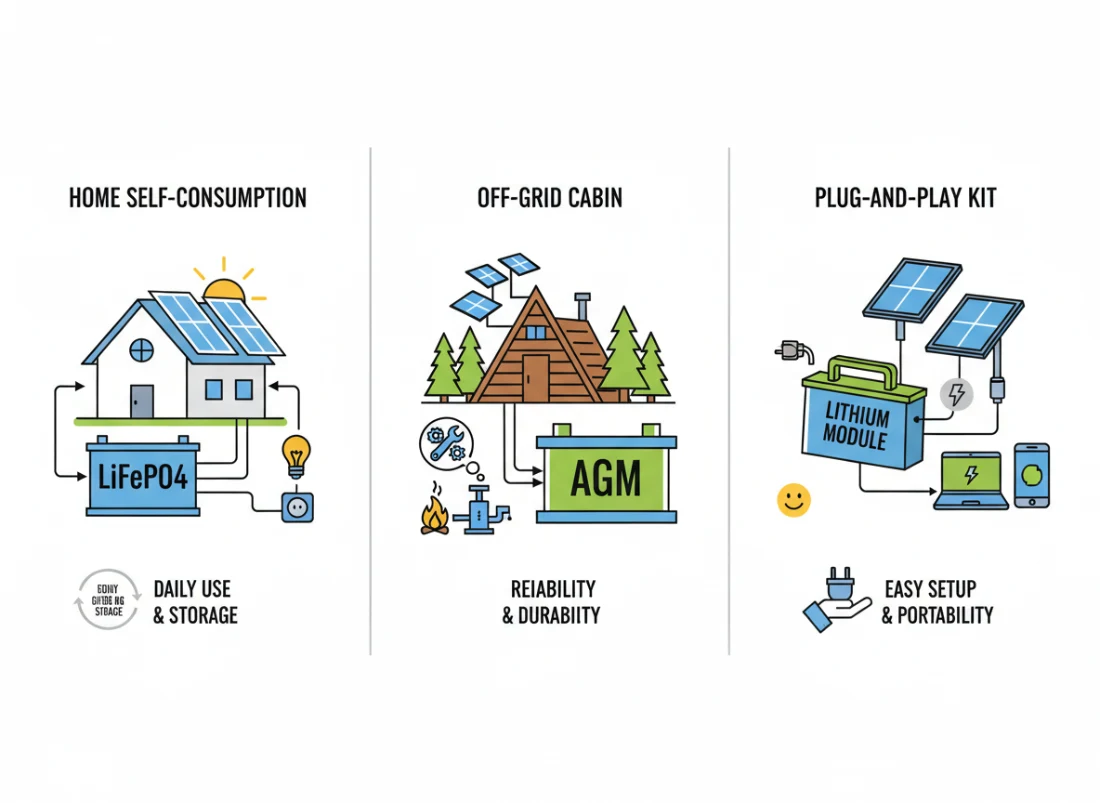 Illustration comparant les meilleures batteries solaires selon les usages maison, kit, site isolé